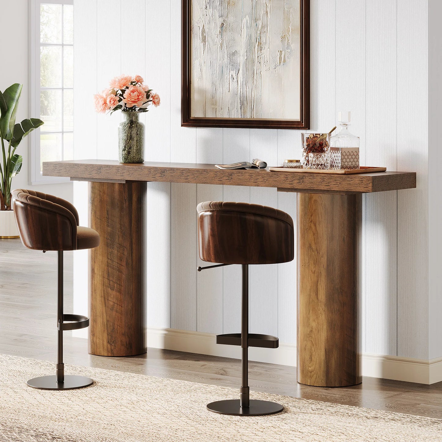 MonoWood 63" Long Bar Table, Rectangle Kitchen Counter Height Table with Pillar Legs, Narrow Bar Height Pub Table Behind Couch