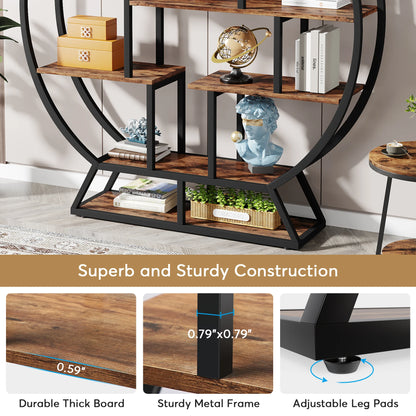 MonoWood Bookshelf, Round Bookshelves Etagere Bookcase, 63-Inch Industrial Wood Book Shelf with Staggered Shelves
