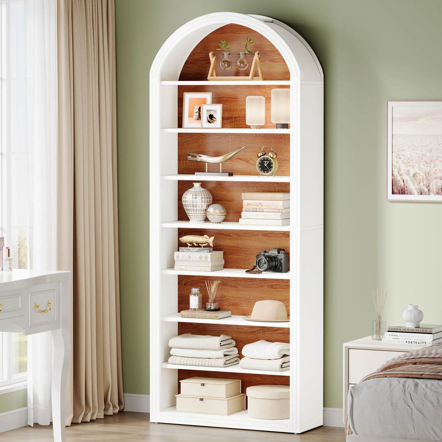 MonoWood 78.7" Tall Bookshelf, Modern White Arched Bookcase with Storage Shelves, 8-Tier Floor Standing Open Display Shelving