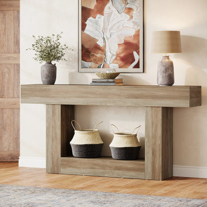MonoWood 63" Console Table, Farmhouse 2-Tier Entryway Table with U-Shaped Base, Narrow Long Wood Sofa Table Behind Couch Table