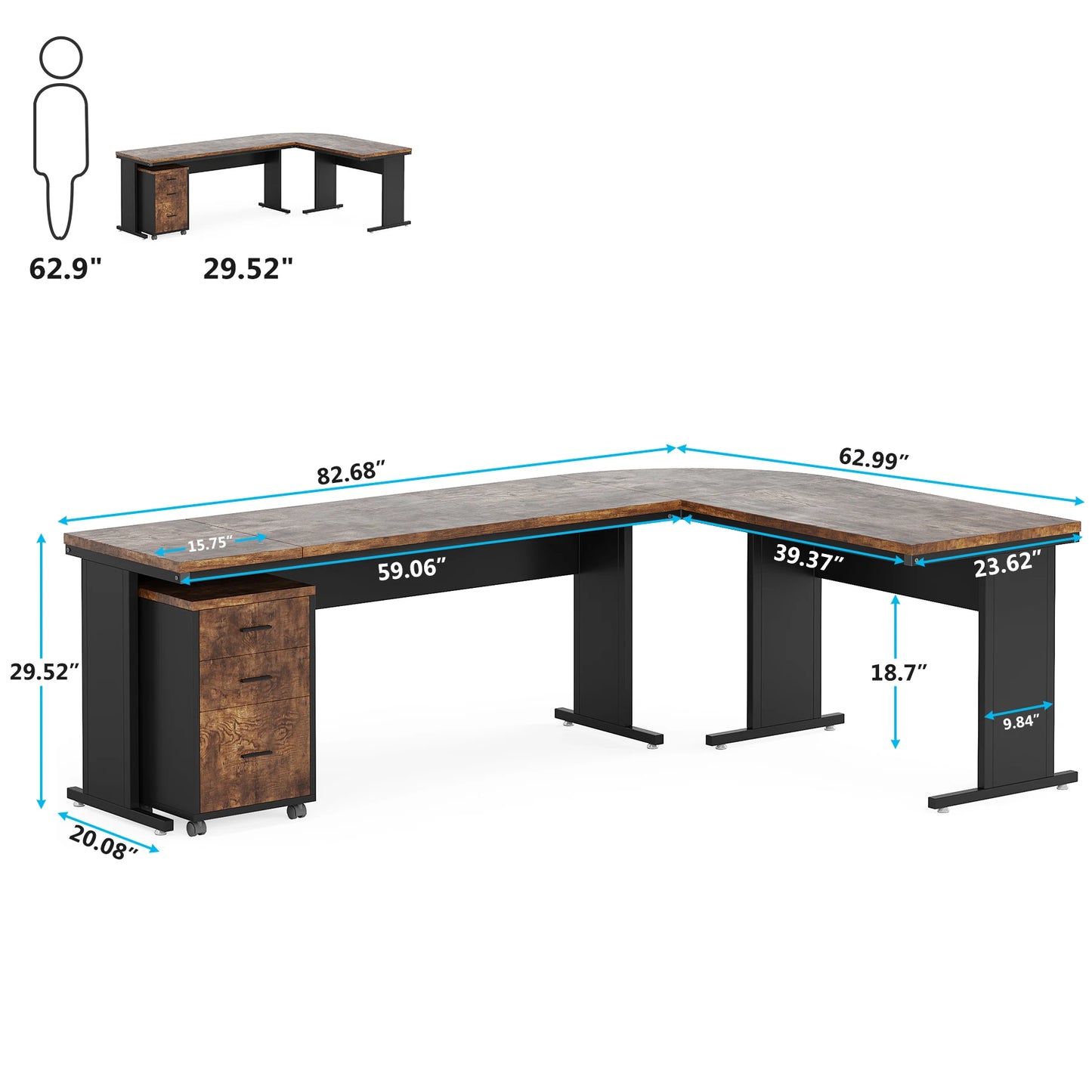 MonoWood L-Shaped Executive Desk, Large Office Desk with 3-Drawer File Cabinet, Industrial Corner Computer Table with Drawers
