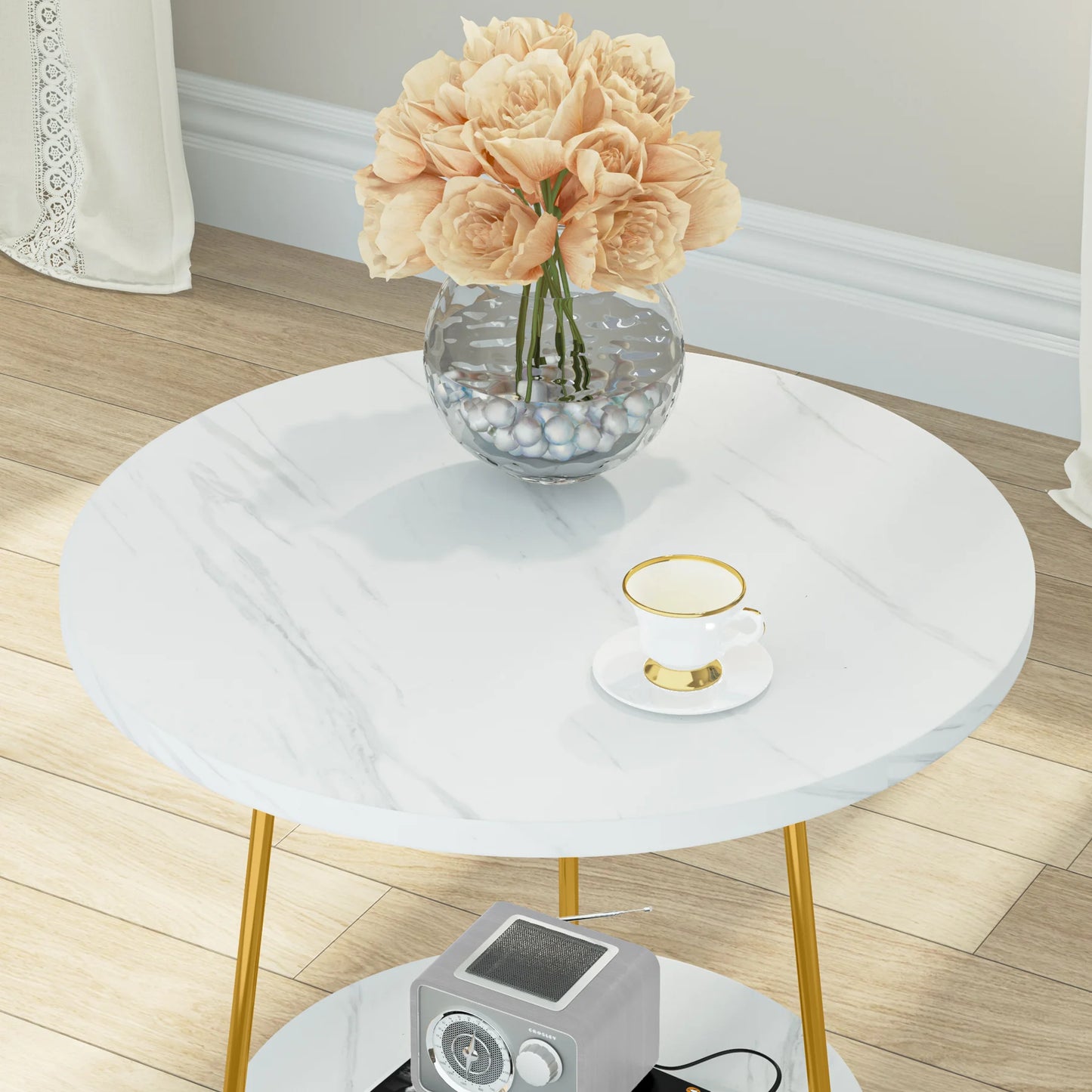 MonoWood 2 Tier Faux Marble End Table Round Side Table with Shelves Small Coffee Accent Table for Living Room, White and Gold