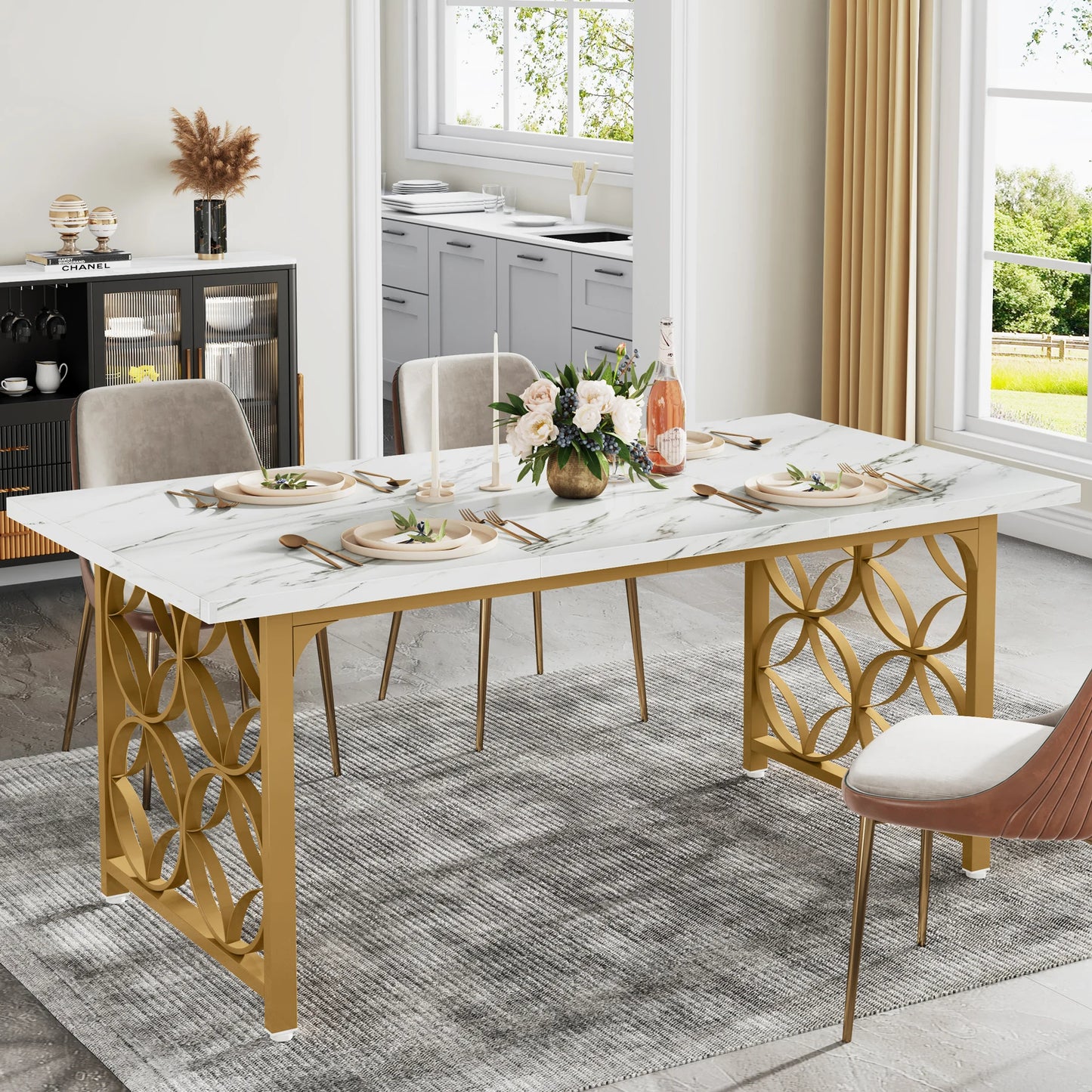 MonoWood Dining Table, 63-inch Modern Marble Dining Room Table for 6 People, Rectangular Kitchen Table with Gold Metal Frame