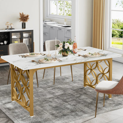 MonoWood Dining Table, 63-inch Modern Marble Dining Room Table for 6 People, Rectangular Kitchen Table with Gold Metal Frame