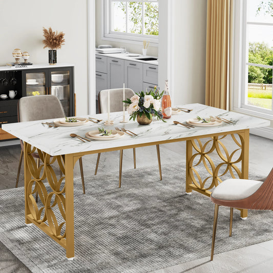 MonoWood Dining Table, 63-inch Modern Marble Dining Room Table for 6 People, Rectangular Kitchen Table with Gold Metal Frame