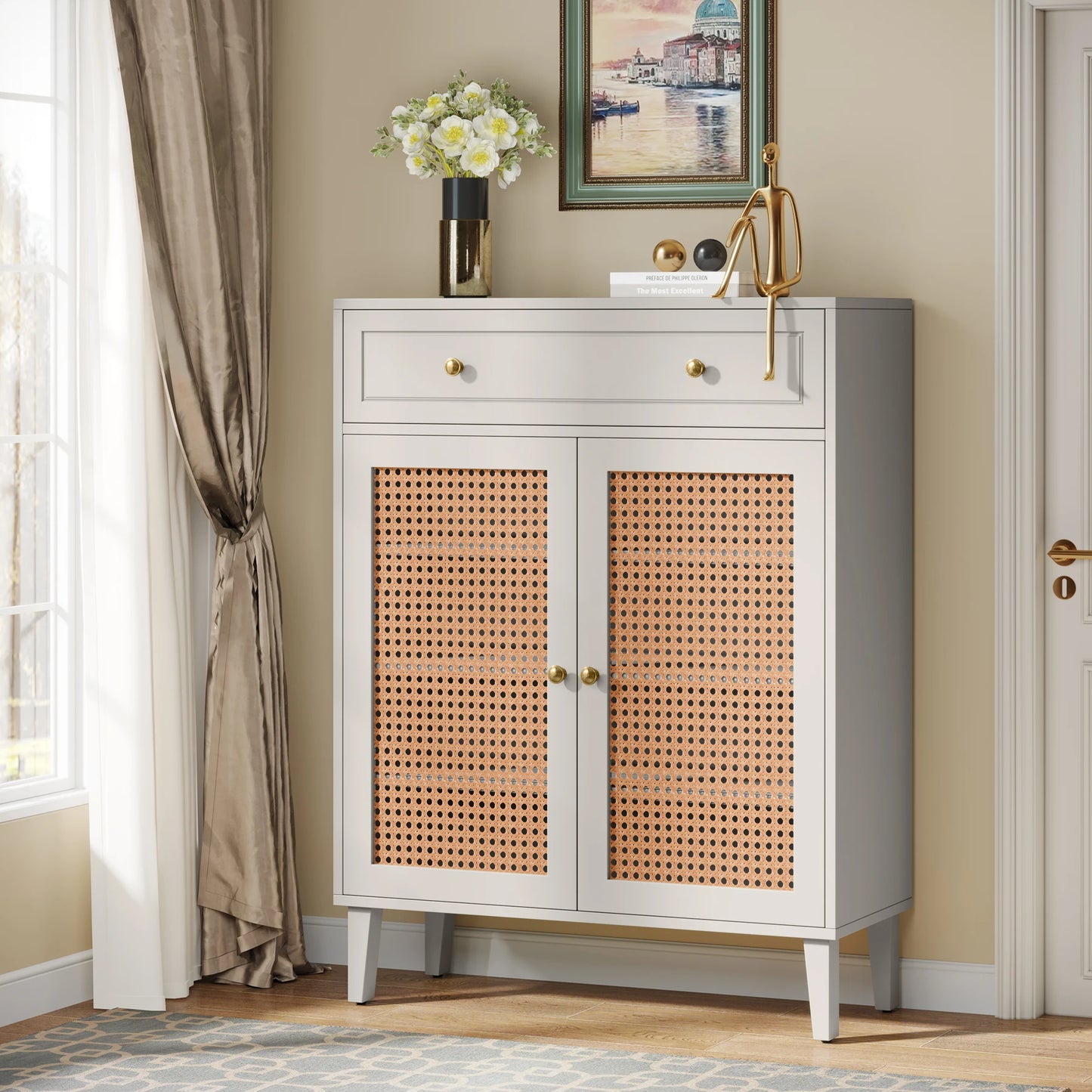 MonoWood Shoe Cabinet with Doors and Drawer, Modern Shoe Storage Cabinet for Entryway, Mint Green Rattan Shoes Cabinet