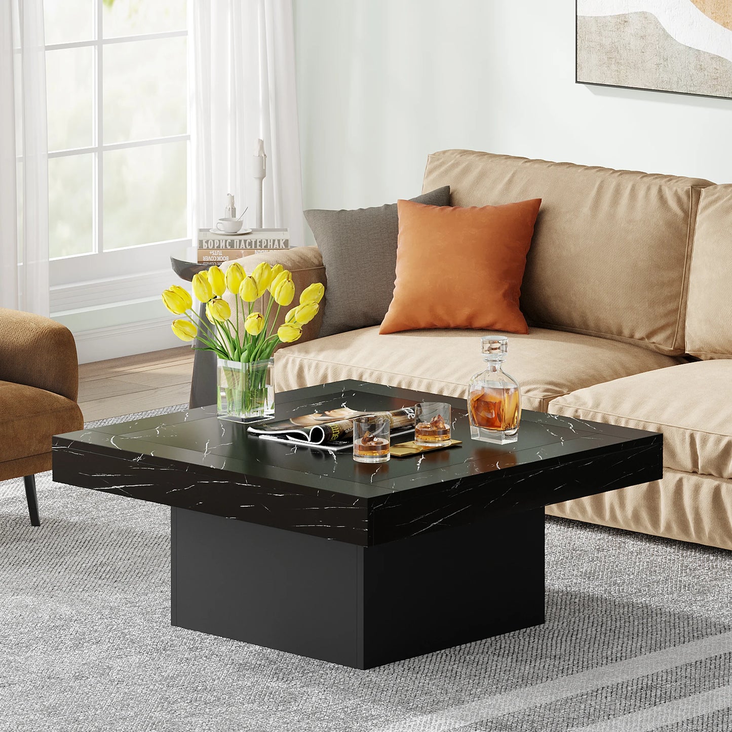 MonoWood Square LED Coffee Table Grey and White Engineered Wood Coffee Table Low Coffee Table for Living Room