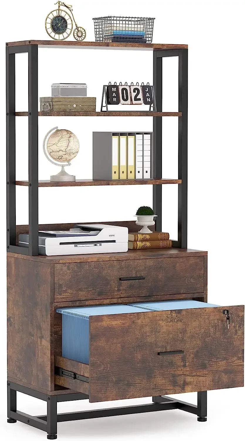 MonoWood 2 Drawer Vertical File Cabinet with Lock & Bookshelf Large Modern Filing Cabinet Printer Stand