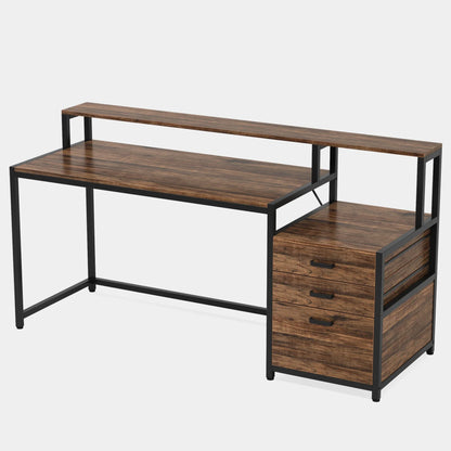 MonoWood 63 Inch Computer Desk with File Drawer Cabinet, Ergonomic Office Desk with Monitor Stand, Industrial Computer Table