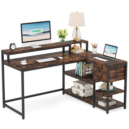 MonoWood Reversible L Shaped Desk with Drawer, Industrial Corner Desk Home Office Table with Shelves and Monitor Stand