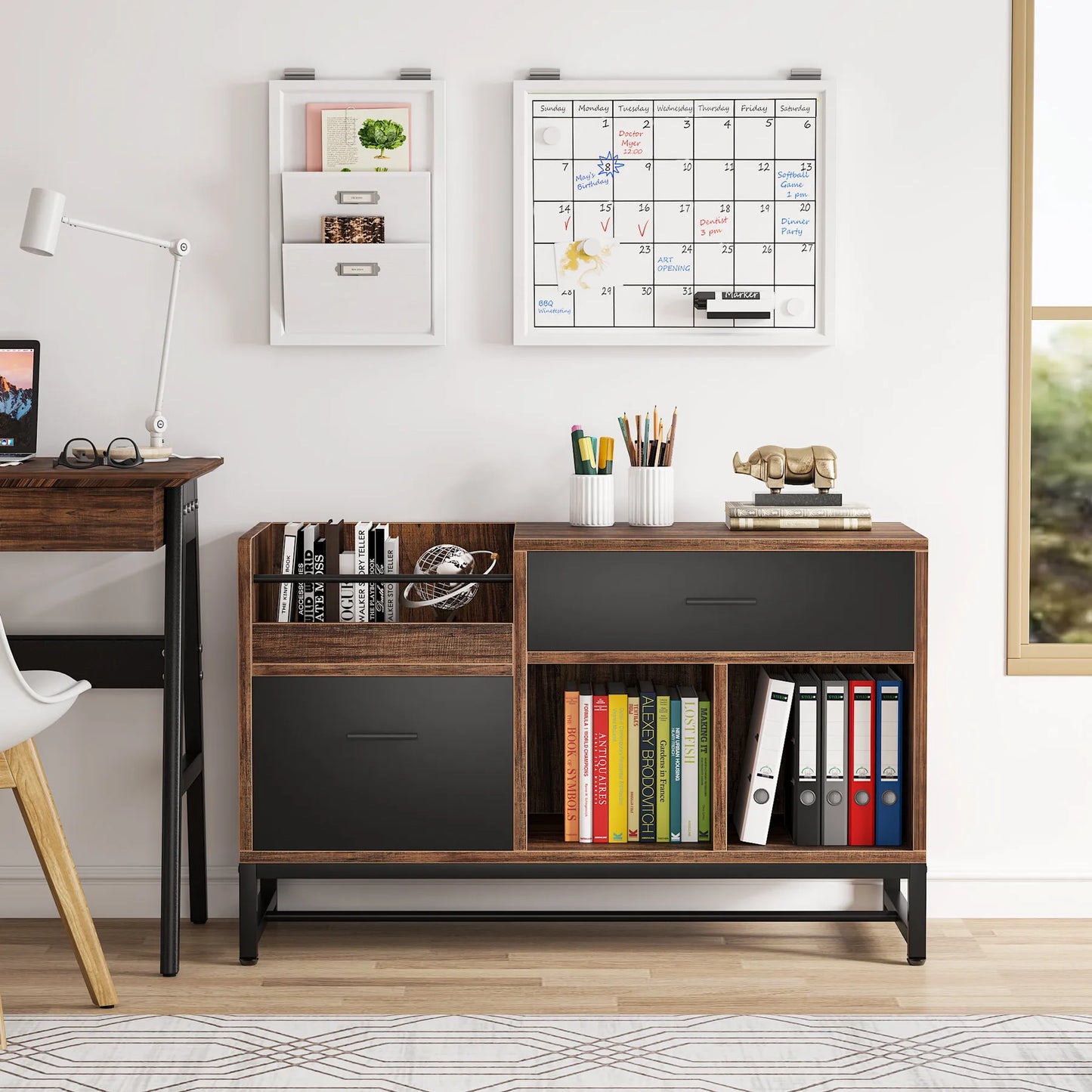 MonoWood Rustic Brown 39 inch File Cabinet with 2 Drawers, Lateral Filing Cabinets, Printer Stand with Open Storage Shelves