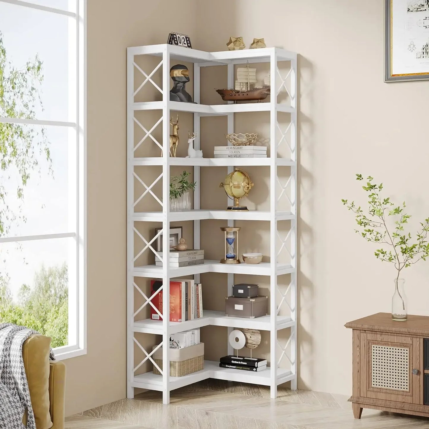 MonoWood WAY TO ORIGIN 7 Shelf Corner Bookcase, Industrial Corner Bookshelf, 7-Tier Tall Corner Shelf Storage Display Rack