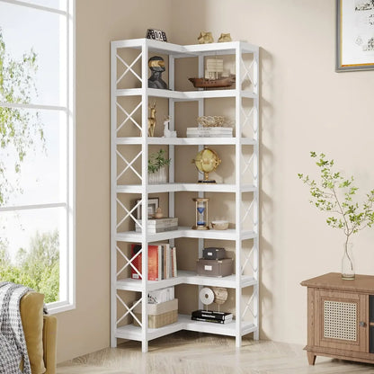 MonoWood WAY TO ORIGIN 7 Shelf Corner Bookcase, Industrial Corner Bookshelf, 7-Tier Tall Corner Shelf Storage Display Rack