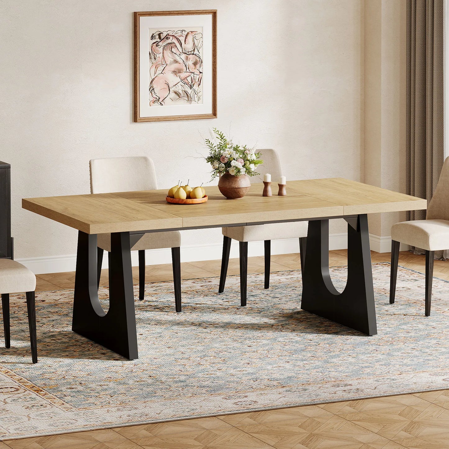 MonoWood Large Dining Table for 6-8 People, 70.9-Inch Wood Rustic Rectangular Table with Black Wooden Legs