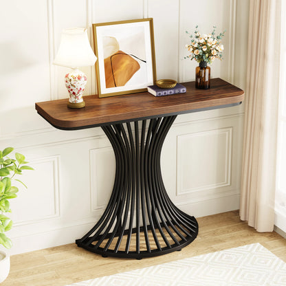 MonoWood Console Table, Industrial Entryway Table with Geometric Metal Base, 39-Inch Small Sofa Accent Table for Entrance