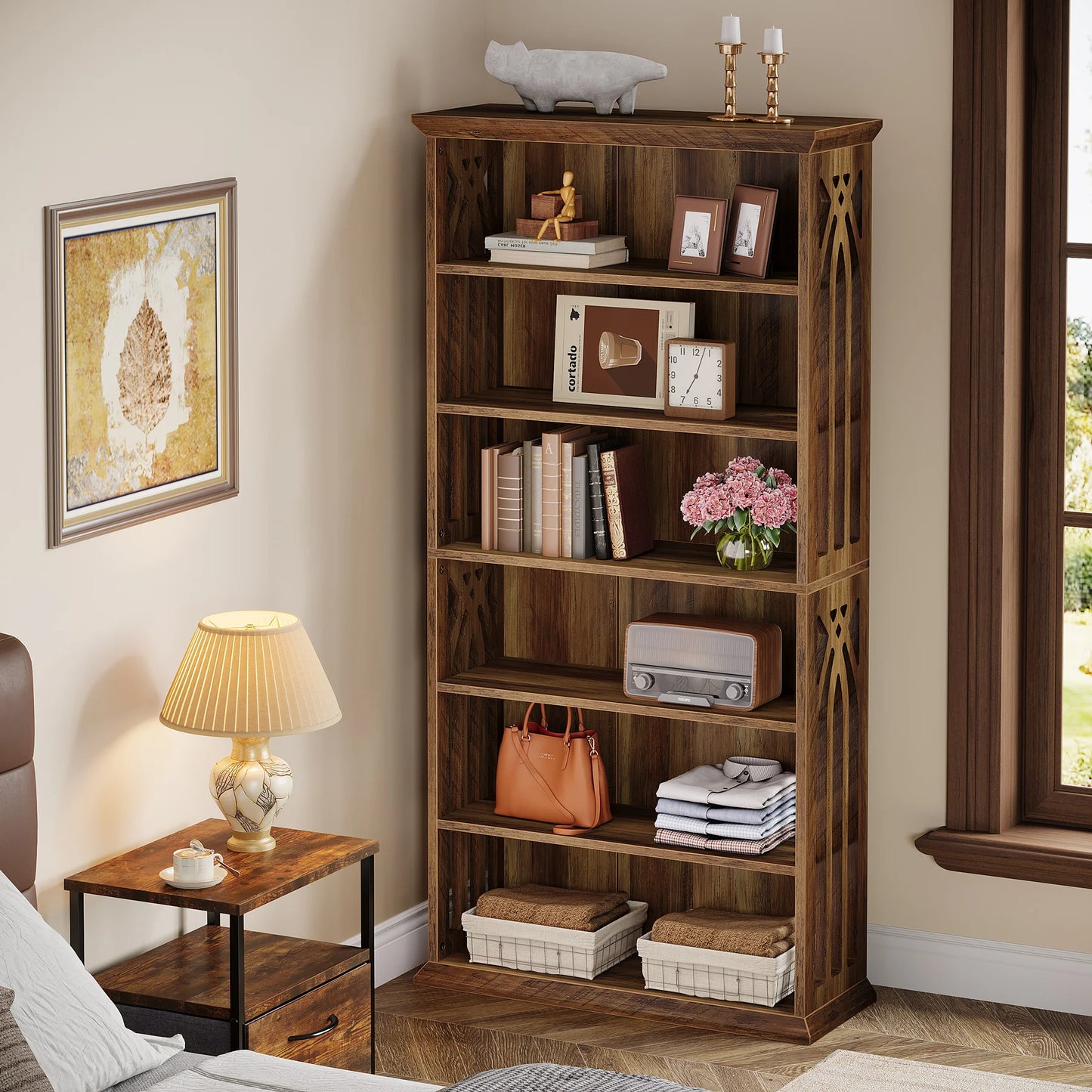 MonoWood 6-Tier Bookshelf, 75-Inch Tall Bookcase, Large Bookshelves and Bookcases Freestanding Display Shelves, Wood Bookshelf