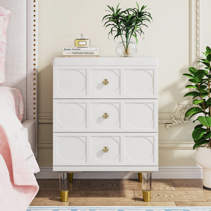 MonoWood 3-Drawer Nightstand Tall White and Gold Bedside Table with Drawers, Versatile Modern White Night Stand with Storage