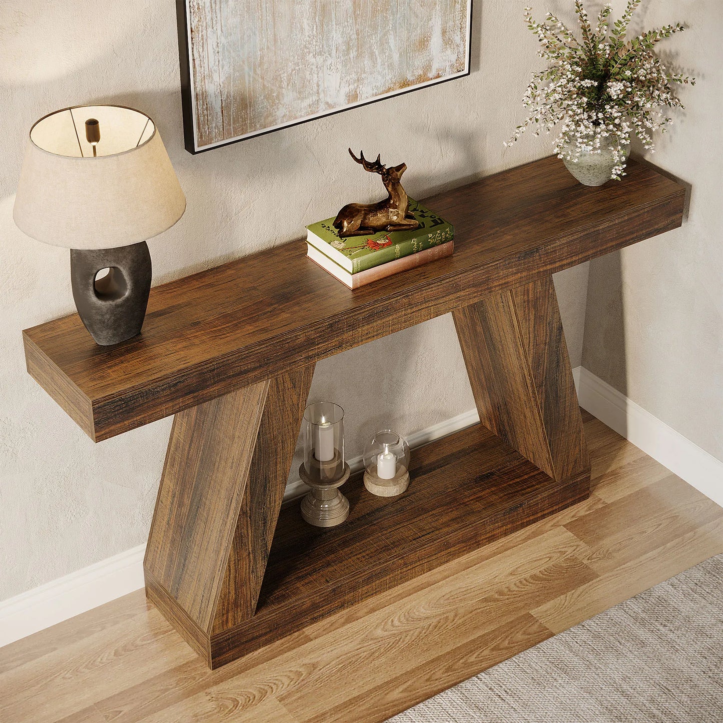 MonoWood 55-Inch Rustic Console Table with Storage Industrial Wooden Entryway Table for Hallway Living Room