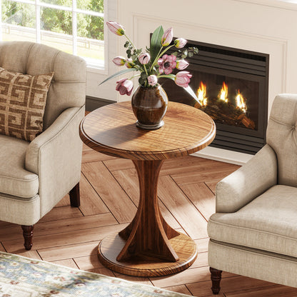 MonoWood Round End Side Table: Wood Small Sofa Chair Side Table for Living Room, Mid-Century Bedside Nightstand for Bedroom