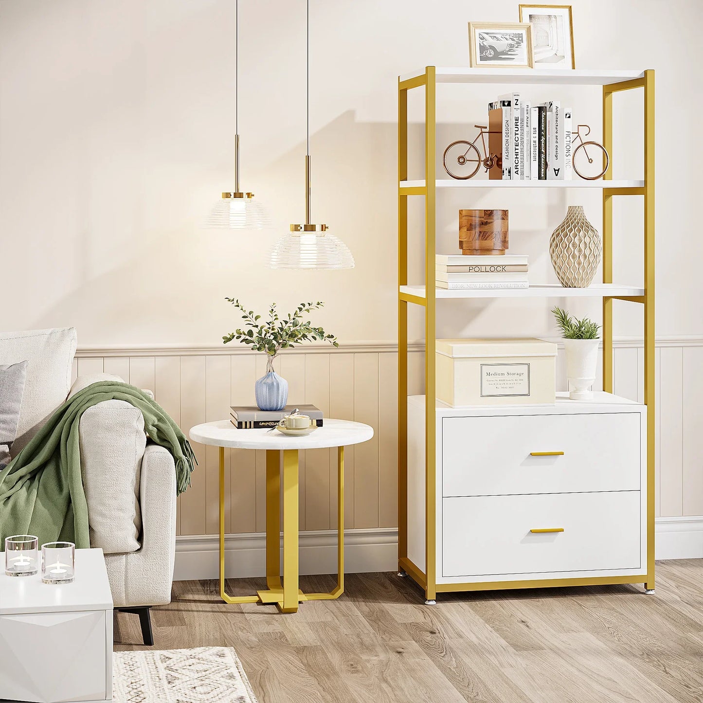 MonoWood Bookcase, 4-Tier Bookshelf with 2 Drawers, Etagere Standard Book Shelves Display Shelf for Home Office (Gold/White)