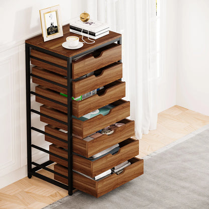 MonoWood 7-Drawer File Cabinet, Wood Mobile Storage Drawer Unit, Industrial Office Cabinet with Drawers & Wheels