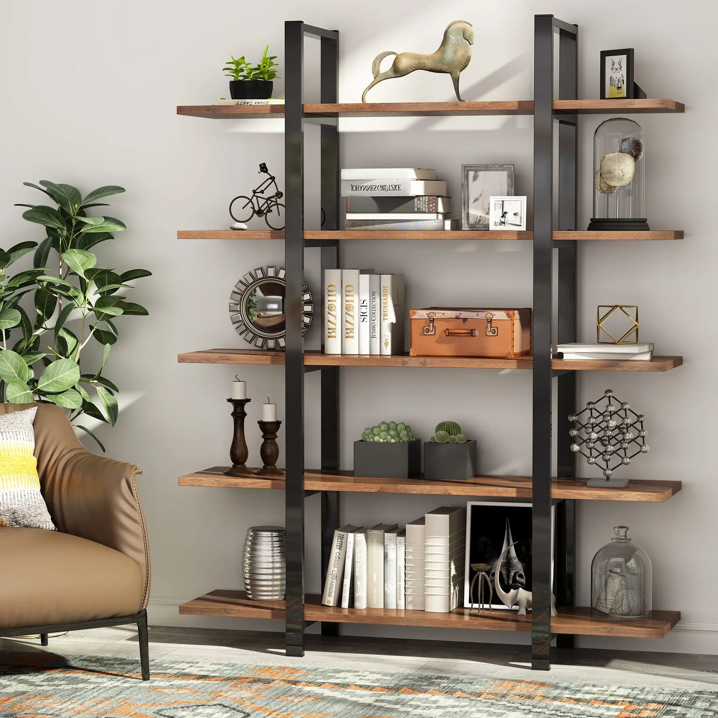 MonoWood Industrial Bookshelf, Tall Bookcase with Open Shelves, Wood and Metal Display Shelf Storage Shelves