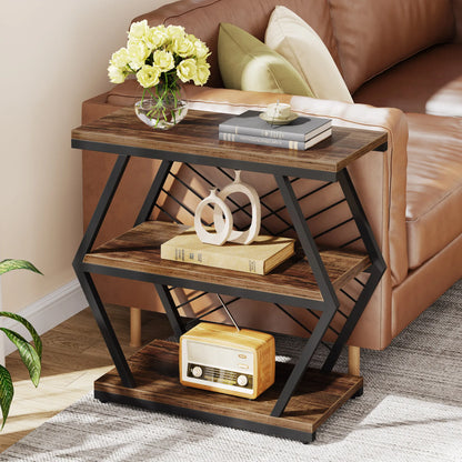 MonoWood End Table, Industrial Side Table with 3 Storage Shelves, Wood Sofa Side Table with Geometric Metal Frame