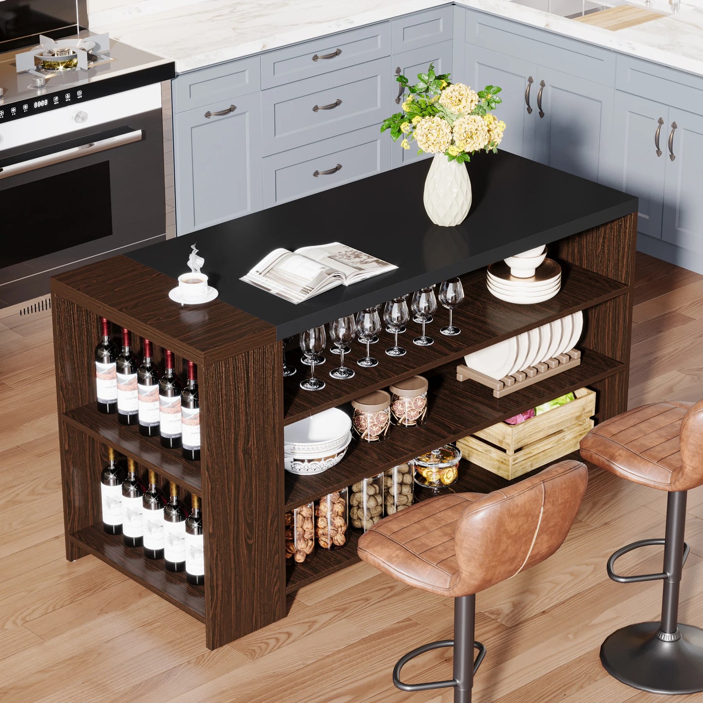 MonoWood 55" Kitchen Island with Storage, Farmhouse 5-Tier Stationary Island Table with 5 Shelves, Wood Coffee Bar Table