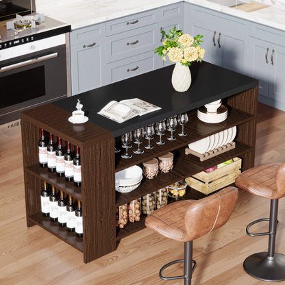 MonoWood 55" Kitchen Island with Storage, Farmhouse 5-Tier Stationary Island Table with 5 Shelves, Wood Coffee Bar Table