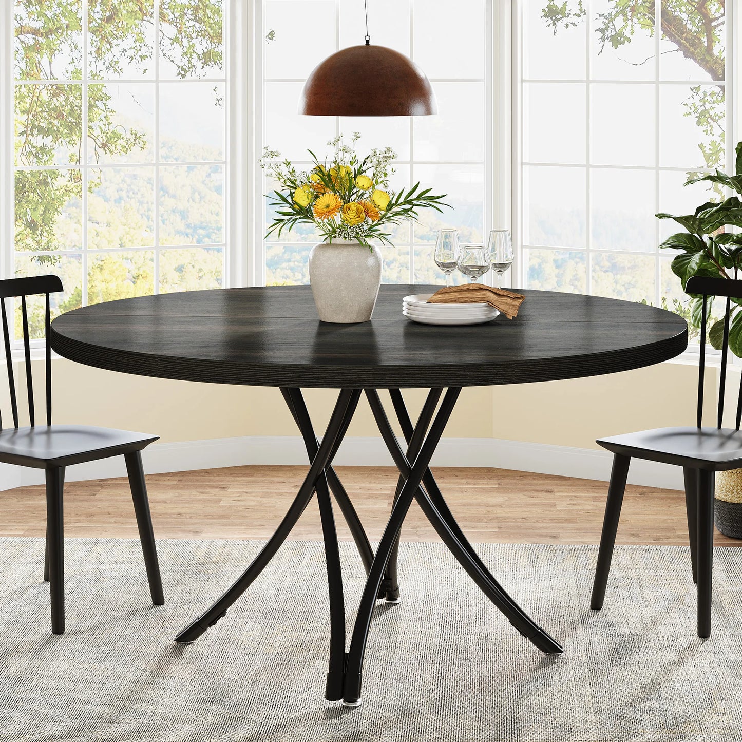 MonoWood Round Dining Table for 4-6 People, 47-Inch Farmhouse Dinning Room Table Circle Kitchen Table, Industrial Dinner Table