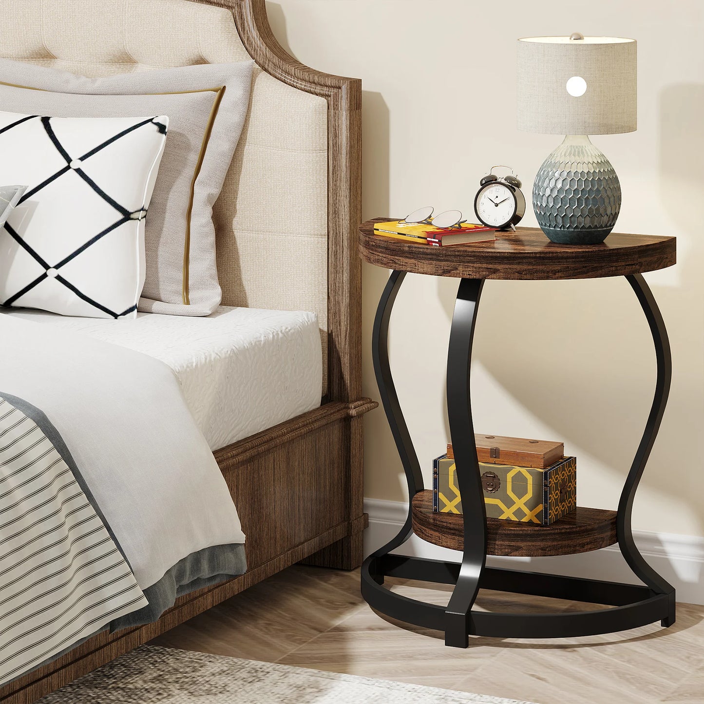 MonoWood Half-Round End Table Set of Two, 2-Tier Wooden Half Moon Side Table Semi Circle Accent Table Bedside Table