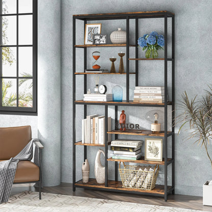MonoWood Modern 8-Tier Staggered Bookcase -, Wide Wood Etagere Shelving Unit