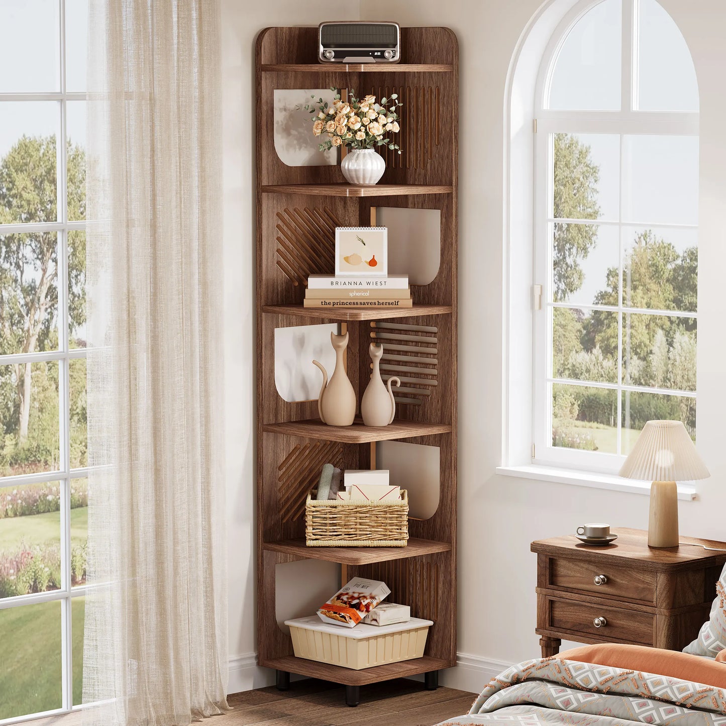 MonoWood 6-Tier Tall Corner Shelf, 71-Inch Rustic Narrow Corner Bookshelf Bookcase with Square Rack, Freestanding Corner Shelf