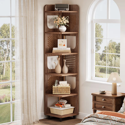MonoWood 6-Tier Tall Corner Shelf, 71-Inch Rustic Narrow Corner Bookshelf Bookcase with Square Rack, Freestanding Corner Shelf