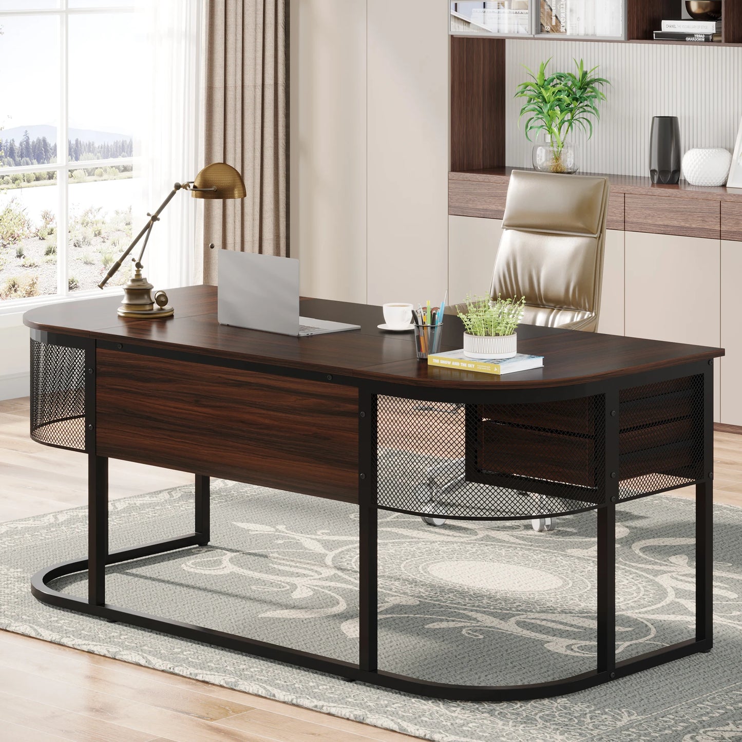 MonoWood 63-Inch Executive Desk with 4 Drawers, Large Office Desk Computer Desk, Business Furniture Desk Workstation