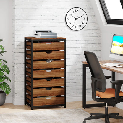 MonoWood 7-Drawer File Cabinet, Wood Mobile Storage Drawer Unit, Industrial Office Cabinet with Drawers & Wheels