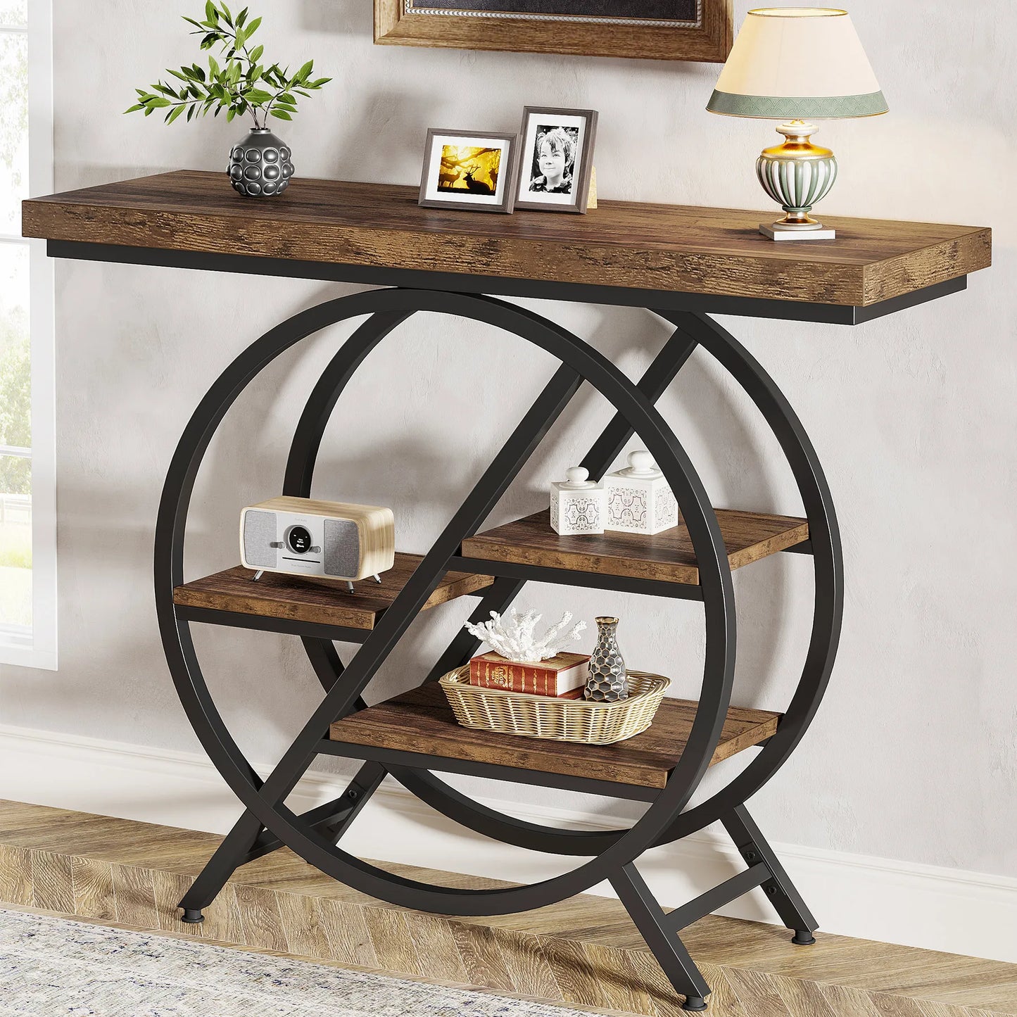 MonoWood Console Table, 39.4-Inch Entryway Table with Thickened Tabletop, 4- Tier Industrial Narrow Hallway Sofa Table