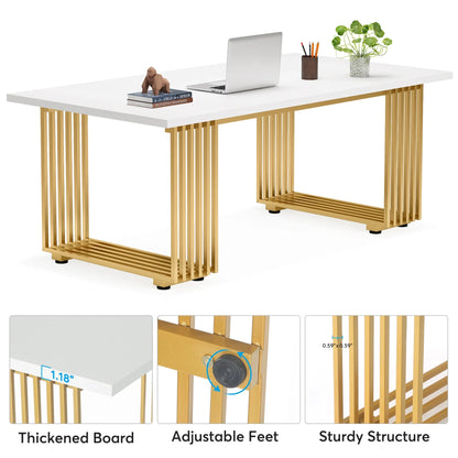 MonoWood 70.9" Modern Office Desk, Wooden Computer Desk, White Executive Desk with Gold Metal Legs, Small Conference Table