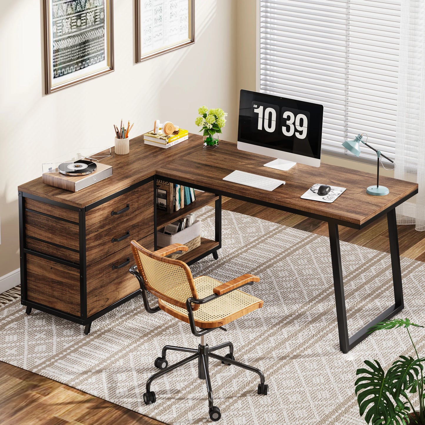 MonoWood L-Shaped Computer Desk with 3 Drawers, Reversible Corner Home Office Desk with Shelves, 53-Inch Industrial PC Desk St