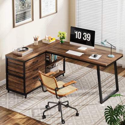 MonoWood L-Shaped Computer Desk with 3 Drawers, Reversible Corner Home Office Desk with Shelves, 53-Inch Industrial PC Desk St