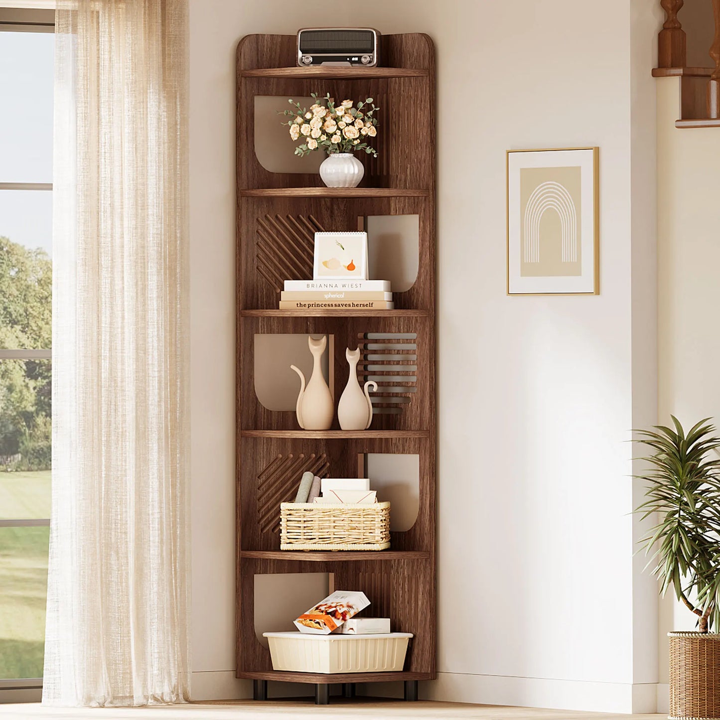 MonoWood 6-Tier Tall Corner Shelf, 71-Inch Rustic Narrow Corner Bookshelf Bookcase with Square Rack, Freestanding Corner Shelf