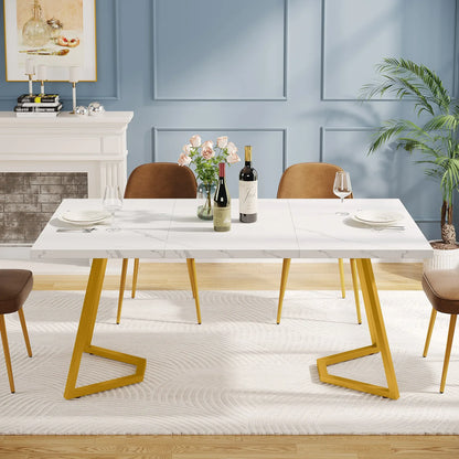 MonoWood Gold Dining Dinner Table: 55 Inches Modern White Dining Room Table with Golden Legs, Faux Marble Kitchen Table for 6