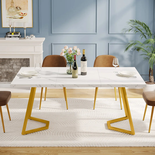 MonoWood Gold Dining Dinner Table: 55 Inches Modern White Dining Room Table with Golden Legs, Faux Marble Kitchen Table for 6