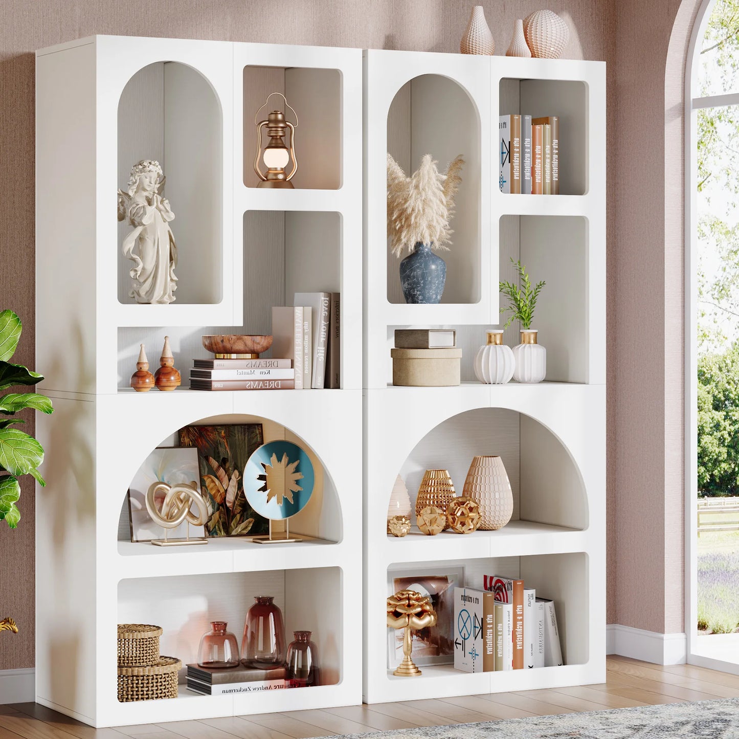 MonoWood 70.87" Tall Geometric Bookshelf, White Arched Bookcase with 5 Irregular Storage Shelves, Modern Open bookcase