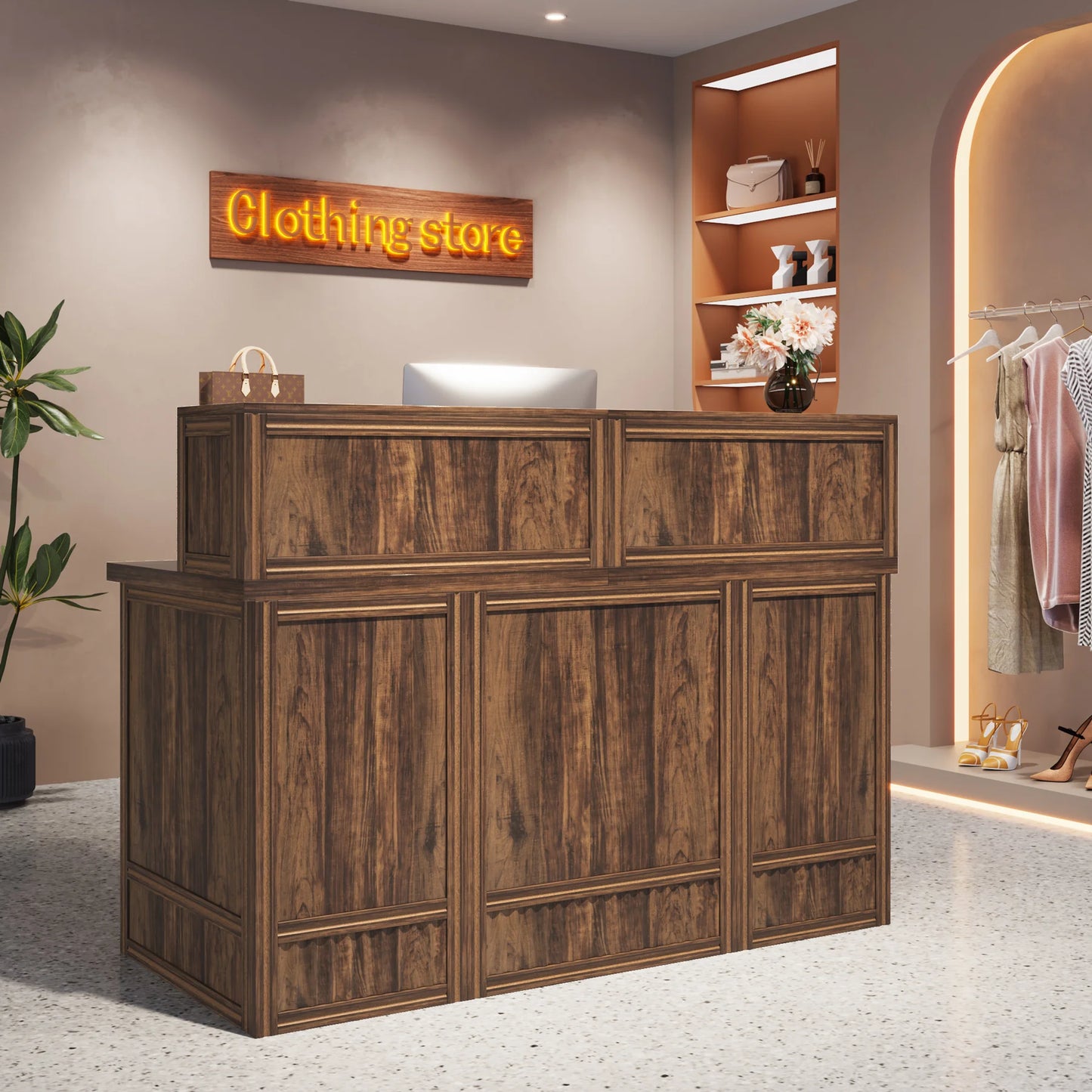 MonoWood Reception Desk with Counter, 57-Inch Rustic Front Receptionist Table, Boho Welcome Desk Checkout Counter for Office