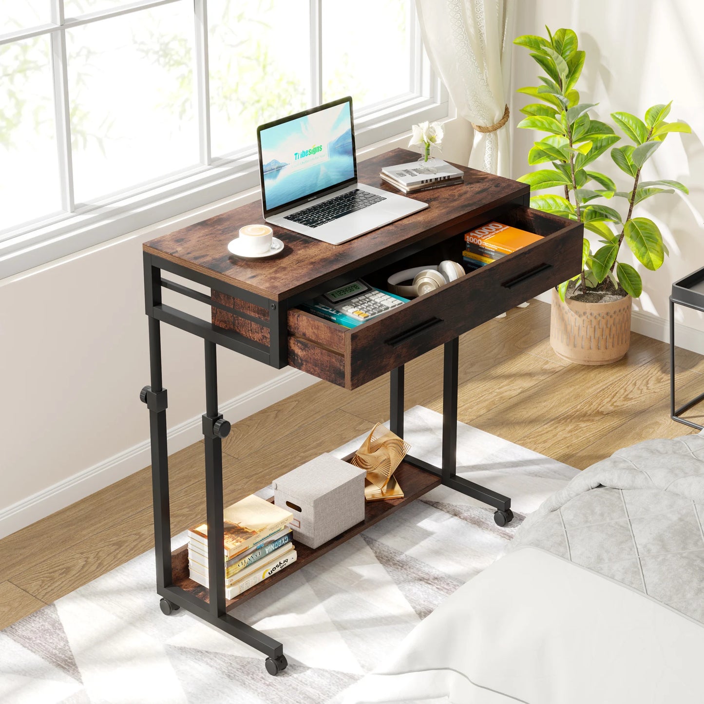 MonoWood Portable Desk with Drawers, Mobile Laptop Desk with Wheels, Sofa Side Table Small Portable Standing Rolling Table