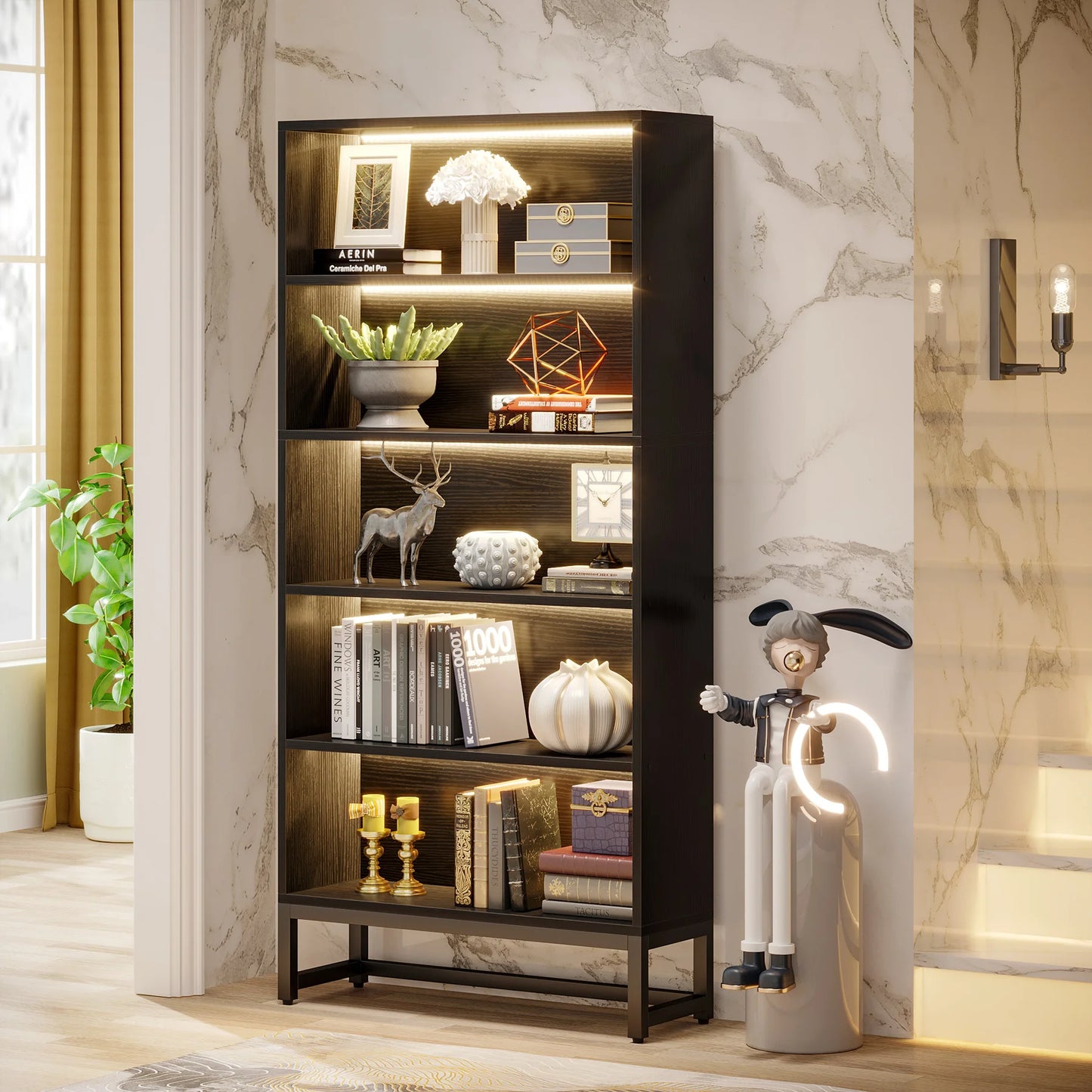 MonoWood Tall Bookcase Black Bookshelf, 70.8” Large Bookcases Organizer, Heavy Duty Library Bookcase
