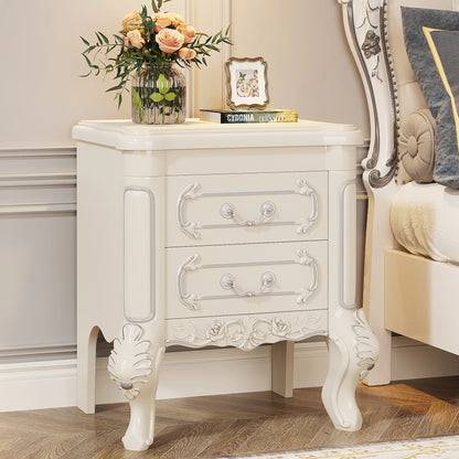 MonoWood White Nightstand, End Table with 2 Drawers, Carved Bedside Tables, Side Table for Bedroom, Living Room