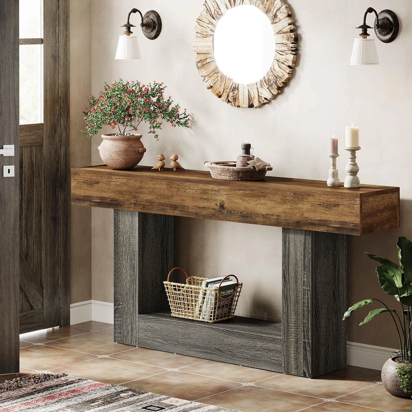 MonoWood 63" Console Table, Farmhouse 2-Tier Entryway Table with U-Shaped Base, Narrow Long Wood Sofa Table Behind Couch Table