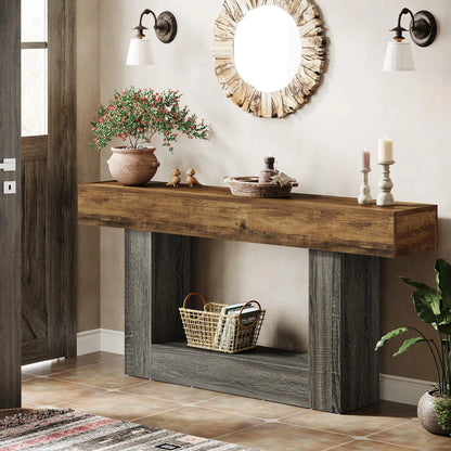 MonoWood 63" Console Table, Farmhouse 2-Tier Entryway Table with U-Shaped Base, Narrow Long Wood Sofa Table Behind Couch Table